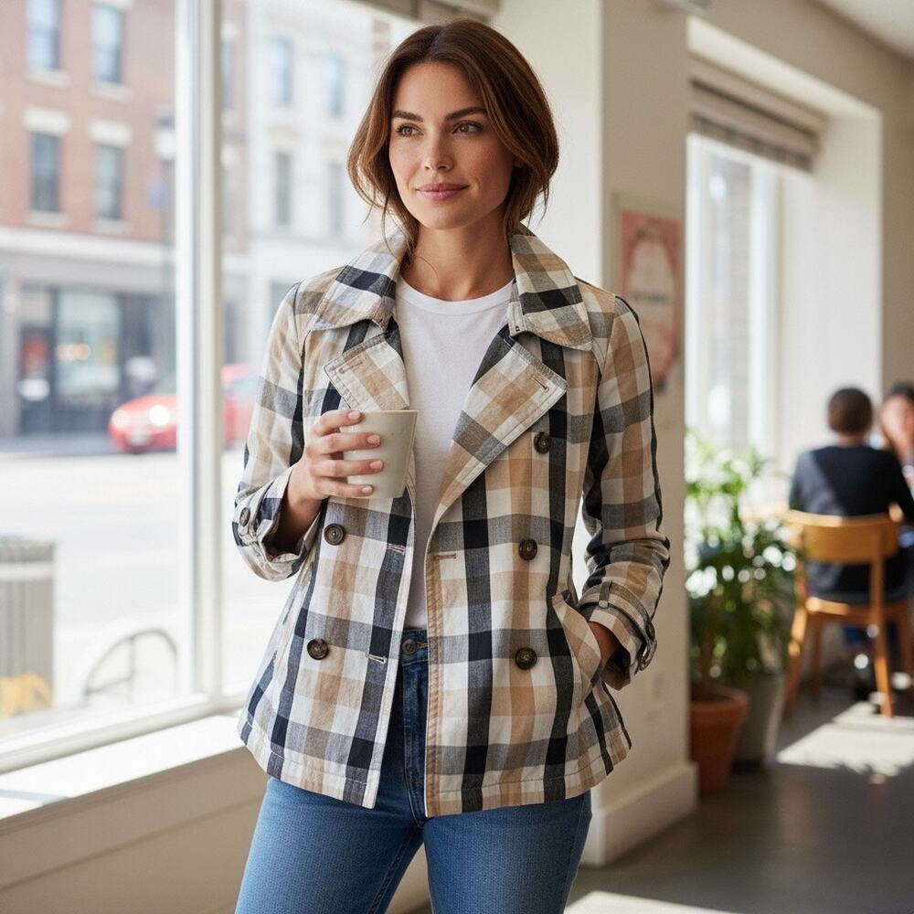 Ann Taylor Medium Weekend Collection tan black cream Plaid Short Trench Coat​ - Picture 5 of 11
